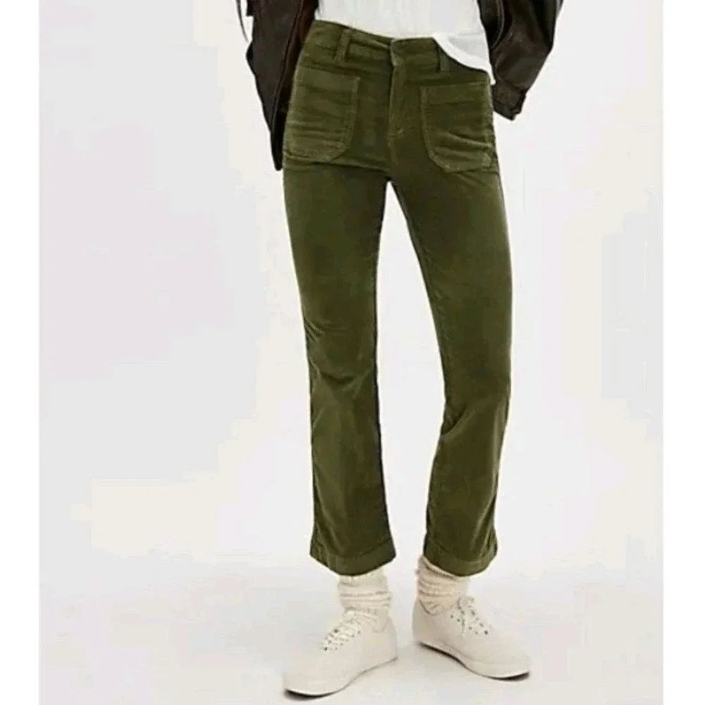 Free People‎ Green Velvet Mid Rise Boho High Time Kick Flare Pants Size 2